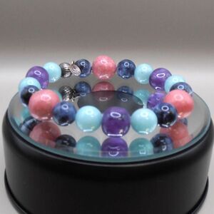 Carolyn Pollack Gemstone Beaded Stretch Bracelet Purple Pink Blue Silver Tone